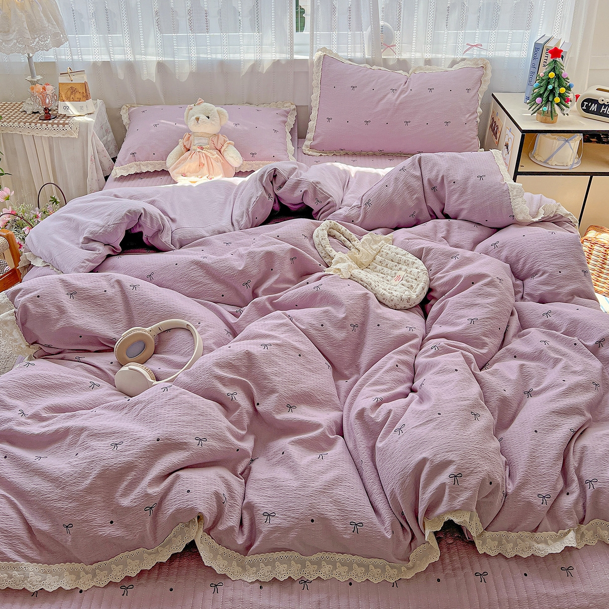 91家纺网 家纺一手货源 找家纺 富米莱（原臻工厂） 2025新款全棉蝴蝶花边热销款韩式云感亲肤棉床盖床裙四件套 小资情调（蝴蝶花边款）