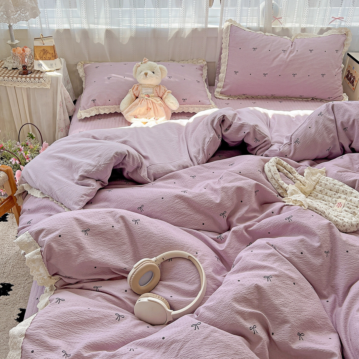 91家纺网 家纺一手货源 找家纺 富米莱（原臻工厂） 2025新款全棉蝴蝶花边热销款韩式云感亲肤棉床盖床裙四件套 小资情调（蝴蝶花边款）