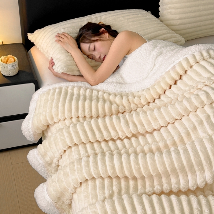 91家纺网 家纺一手货源 找家纺 （总）欧邦  2025新款双层条纹羊羔绒毛毯