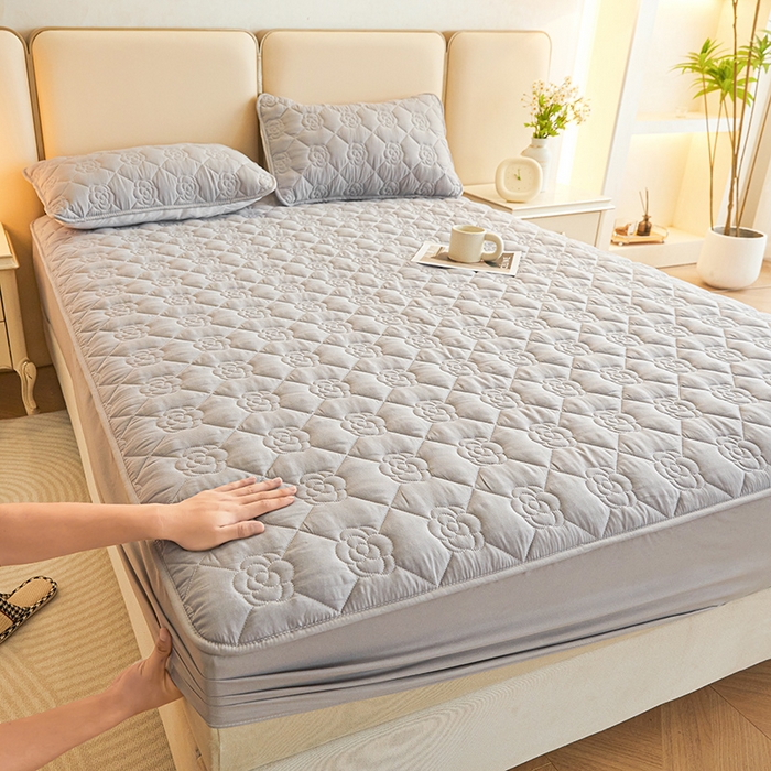 小萌虎2025新款A类原棉大豆防水款夹棉床笠 方格花灰