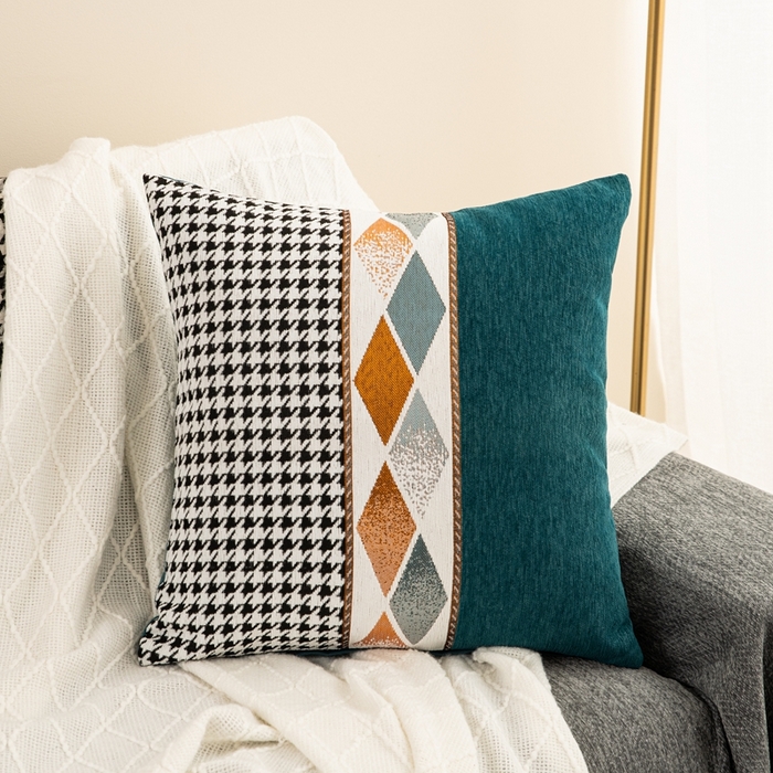 91家纺网 家纺一手货源 找家纺 新奇异 2025新款仿超柔雪尼尔提花千鸟格方块抱枕 千鸟格方块-墨绿