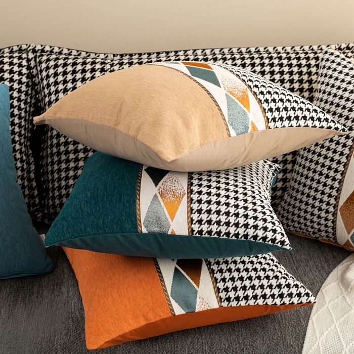 91家纺网 家纺一手货源 找家纺 （总）新奇异 2025新款仿超柔雪尼尔提花千鸟格方块抱枕