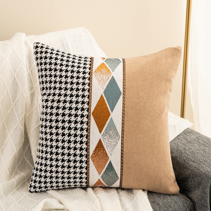 91家纺网 家纺一手货源 找家纺 （总）新奇异 2025新款仿超柔雪尼尔提花千鸟格方块抱枕