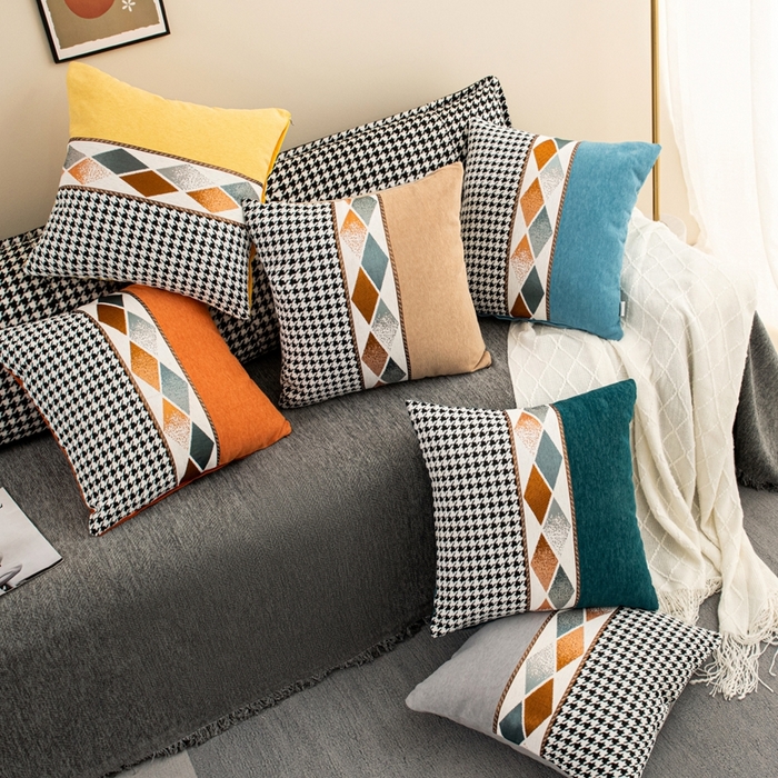 91家纺网 家纺一手货源 找家纺 （总）新奇异 2025新款仿超柔雪尼尔提花千鸟格方块抱枕