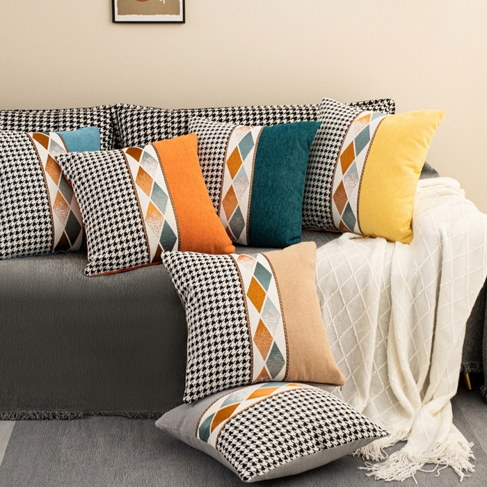 新奇异 2025新款仿超柔雪尼尔提花千鸟格方块抱枕 组合图仅供展示