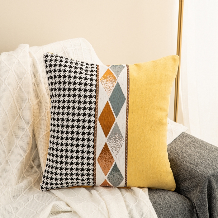 新奇异 2025新款仿超柔雪尼尔提花千鸟格方块抱枕 千鸟格方块-鹅黄