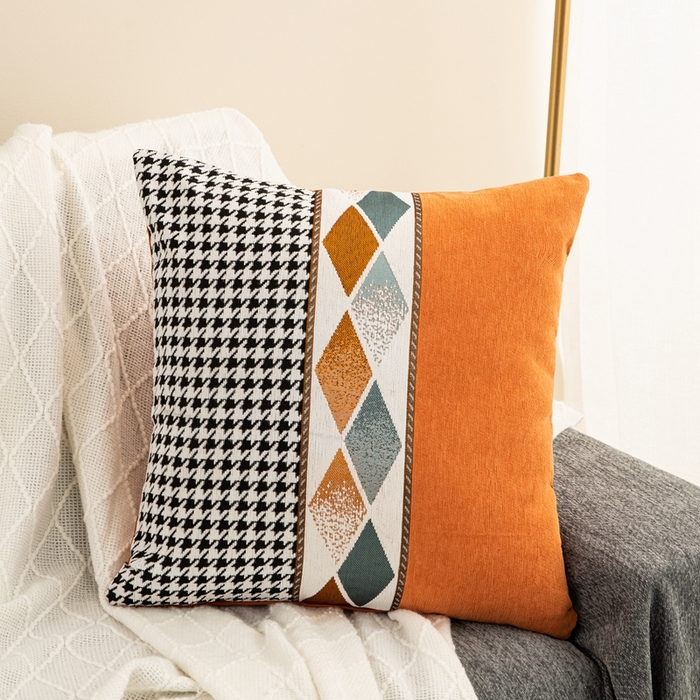 新奇异 2025新款仿超柔雪尼尔提花千鸟格方块抱枕 千鸟格方块-橘黄