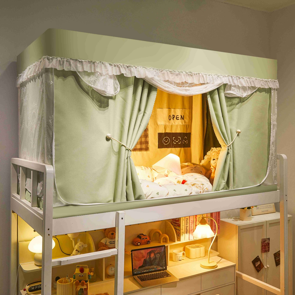 91家纺网 家纺一手货源 找家纺 卓尔居 2025新款学生遮光唯美蕾丝床帘-朝颜 朝颜-绿