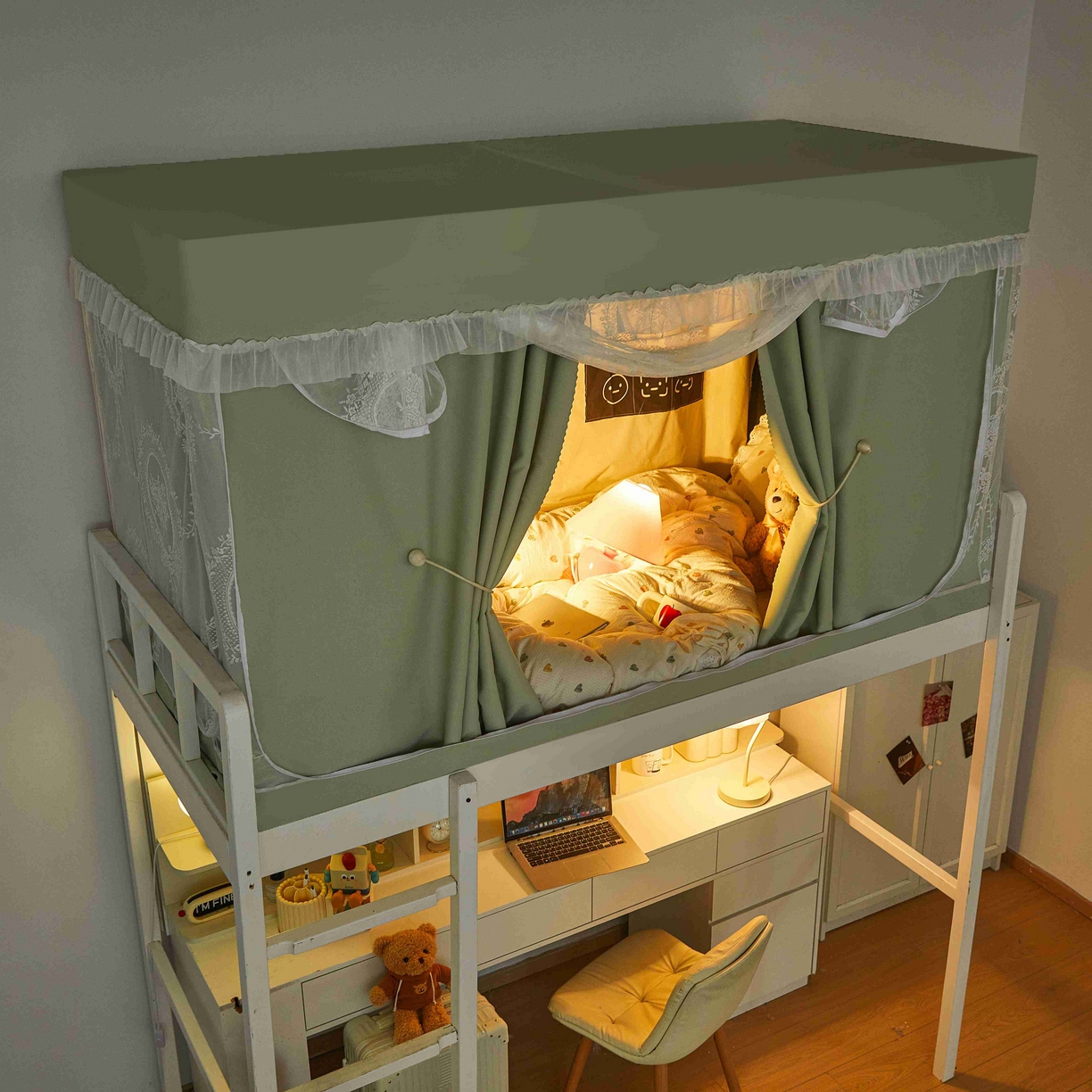 91家纺网 家纺一手货源 找家纺 卓尔居 2025新款学生遮光唯美蕾丝床帘-朝颜 朝颜-绿