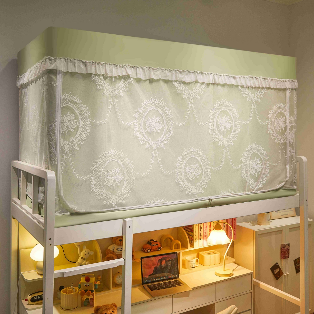 91家纺网 家纺一手货源 找家纺 卓尔居 2025新款学生遮光唯美蕾丝床帘-朝颜 朝颜-绿