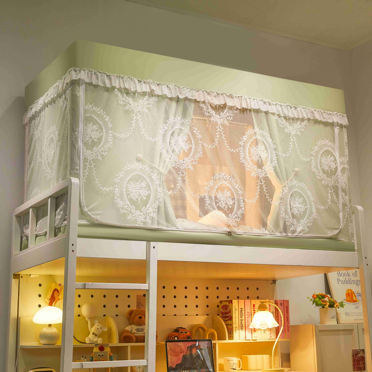 91家纺网 家纺一手货源 找家纺 卓尔居 2025新款学生遮光唯美蕾丝床帘-朝颜 朝颜-绿