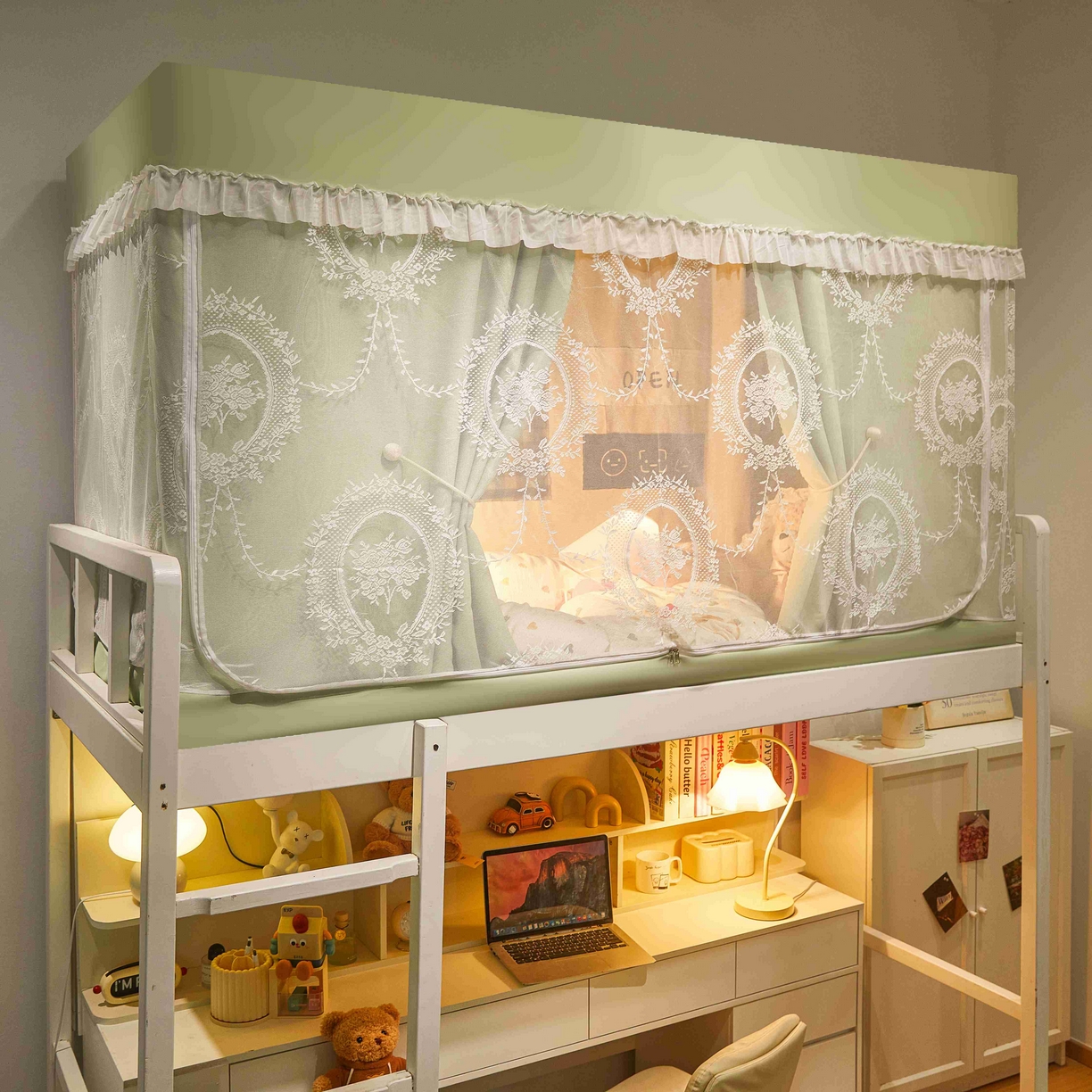 91家纺网 家纺一手货源 找家纺 卓尔居 2025新款学生遮光唯美蕾丝床帘-朝颜 朝颜-绿