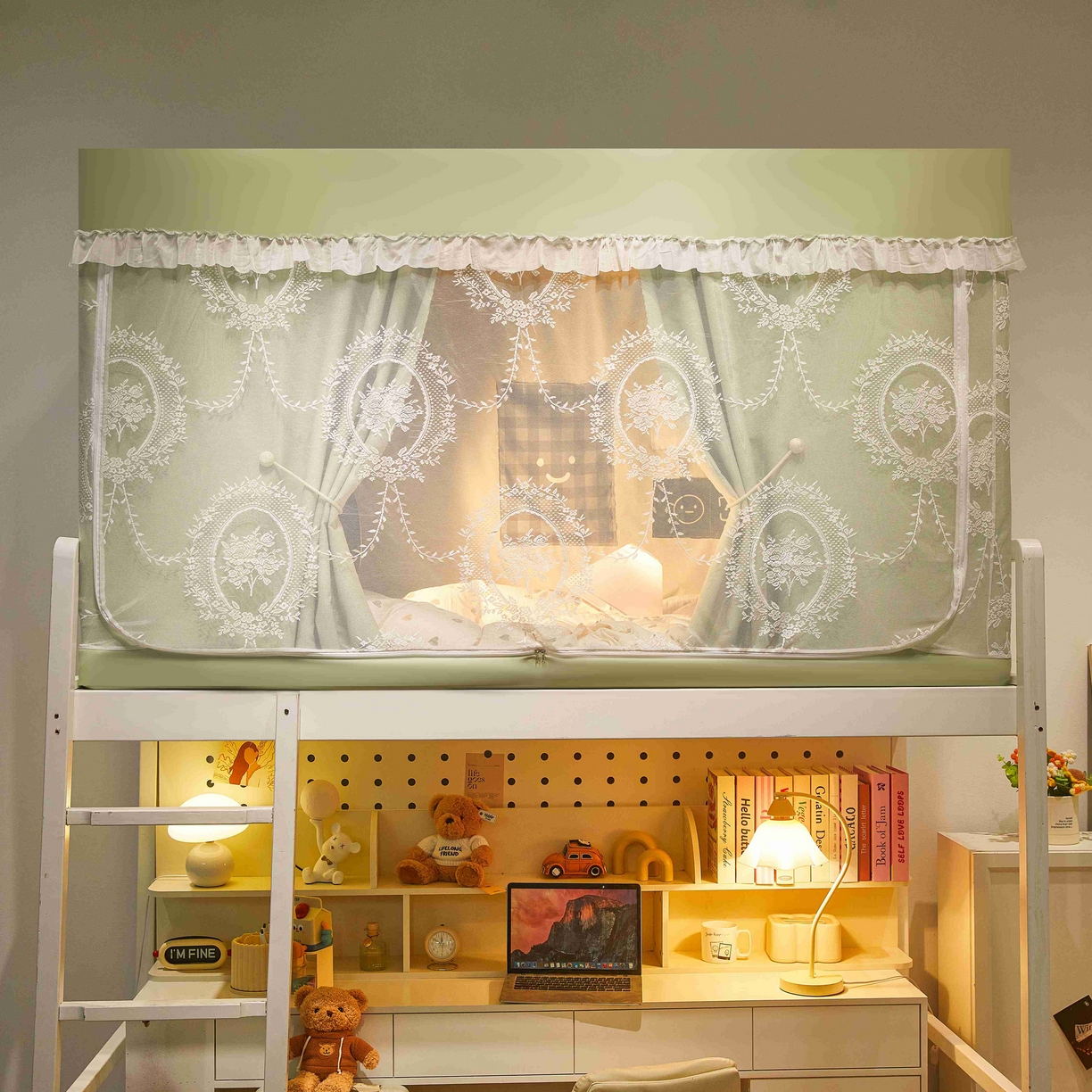 91家纺网 家纺一手货源 找家纺 卓尔居 2025新款学生遮光唯美蕾丝床帘-朝颜 朝颜-绿