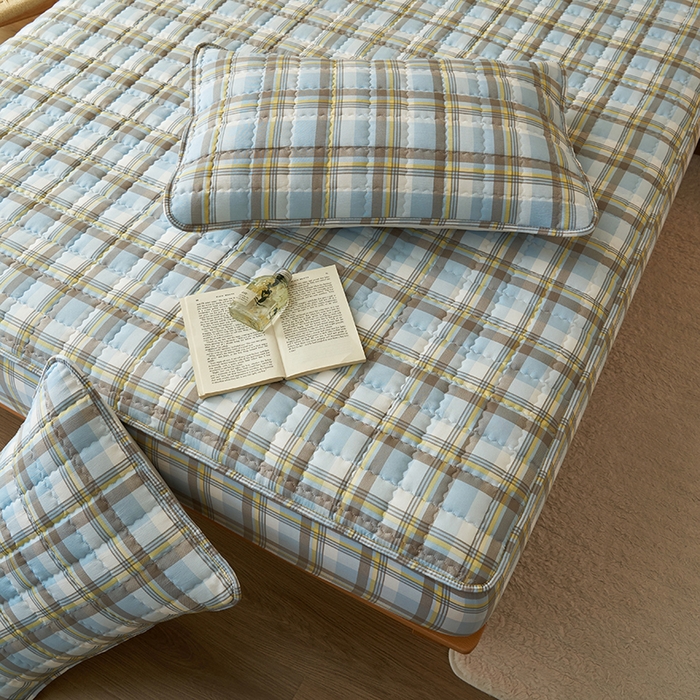 91家纺网 家纺一手货源 找家纺 小萌虎2025新款无印风格水洗棉麻夹棉床笠 简格-简兮蓝