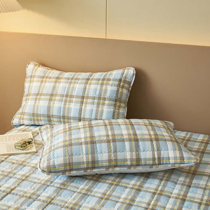 91家纺网 家纺一手货源 找家纺 小萌虎2025新款无印风格水洗棉麻夹棉床笠 简格-简兮蓝