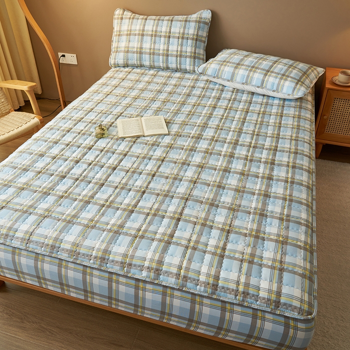 91家纺网 家纺一手货源 找家纺 小萌虎2025新款无印风格水洗棉麻夹棉床笠 简格-简兮蓝