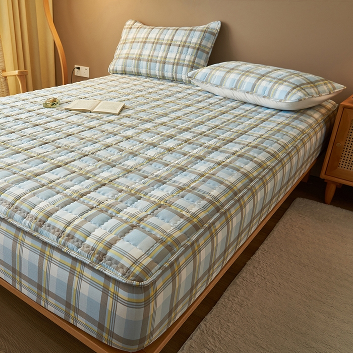 91家纺网 家纺一手货源 找家纺 小萌虎2025新款无印风格水洗棉麻夹棉床笠 简格-简兮蓝