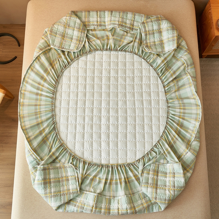 91家纺网 家纺一手货源 找家纺 小萌虎2025新款无印风格水洗棉麻夹棉床笠 简格-简兮绿