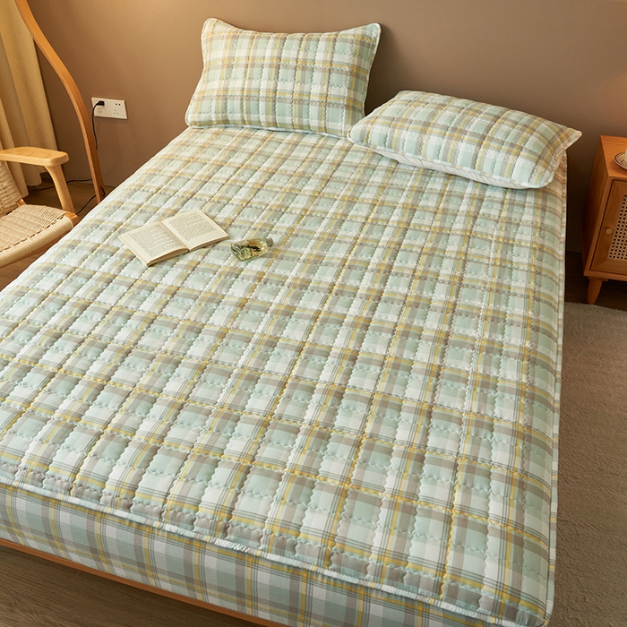 91家纺网 家纺一手货源 找家纺 小萌虎2025新款无印风格水洗棉麻夹棉床笠 简格-简兮绿