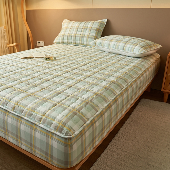 91家纺网 家纺一手货源 找家纺 小萌虎2025新款无印风格水洗棉麻夹棉床笠 简格-简兮绿