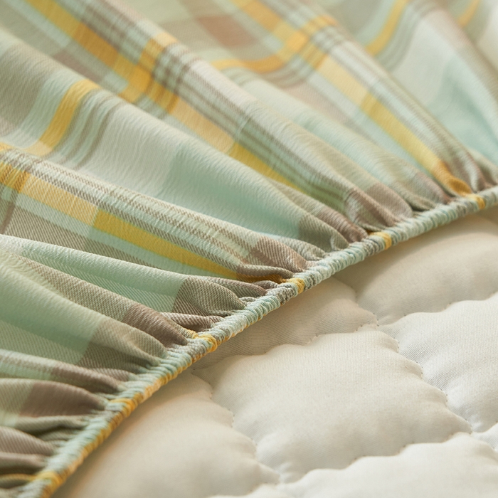 91家纺网 家纺一手货源 找家纺 小萌虎2025新款无印风格水洗棉麻夹棉床笠 简格-简兮绿