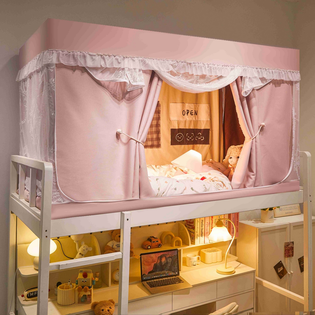 91家纺网 家纺一手货源 找家纺 卓尔居 2025新款学生遮光唯美蕾丝床帘-朝颜 朝颜-粉