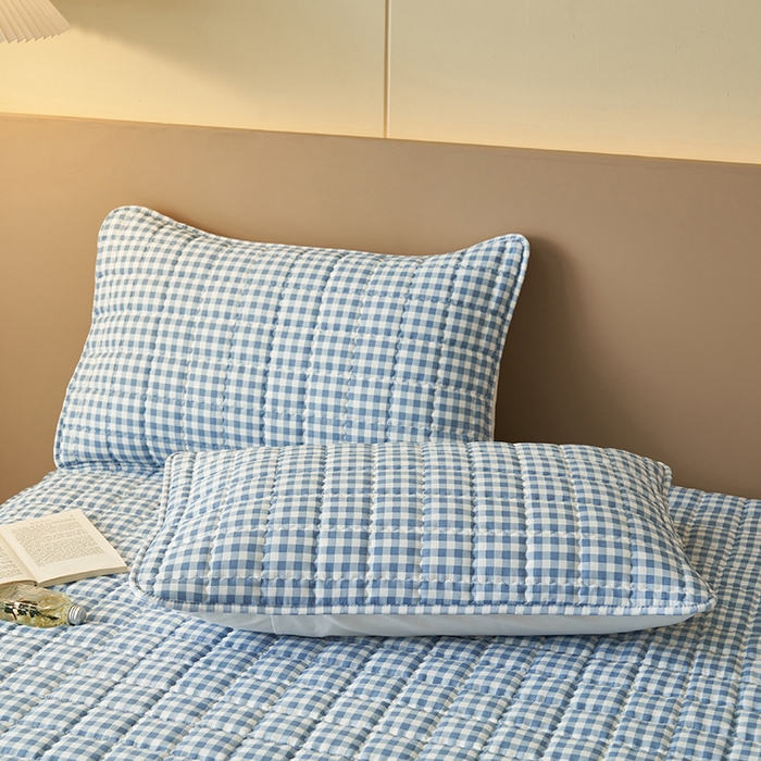 91家纺网 家纺一手货源 找家纺 小萌虎2025新款无印风格水洗棉麻夹棉床笠 蓝小格