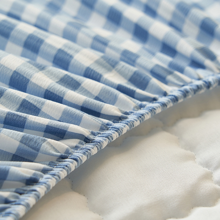 91家纺网 家纺一手货源 找家纺 小萌虎2025新款无印风格水洗棉麻夹棉床笠 蓝小格