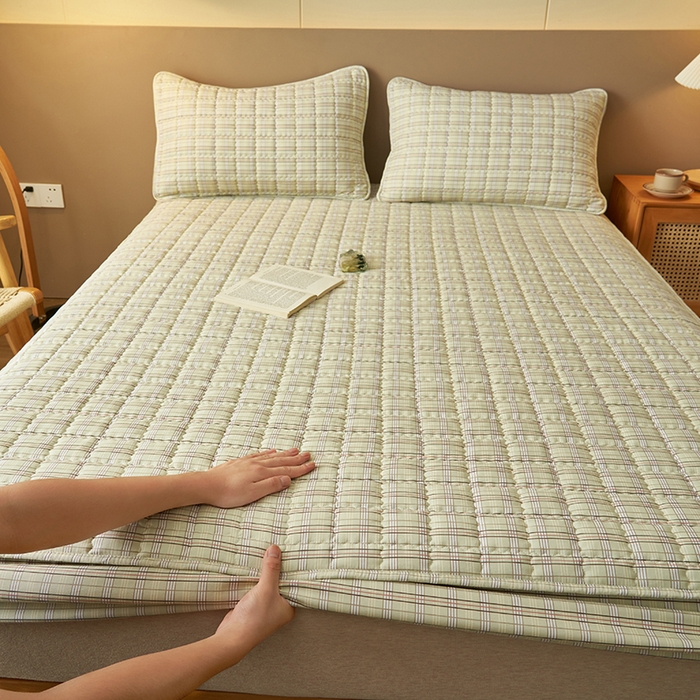 91家纺网 家纺一手货源 找家纺 小萌虎2025新款无印风格水洗棉麻夹棉床笠 绿小格