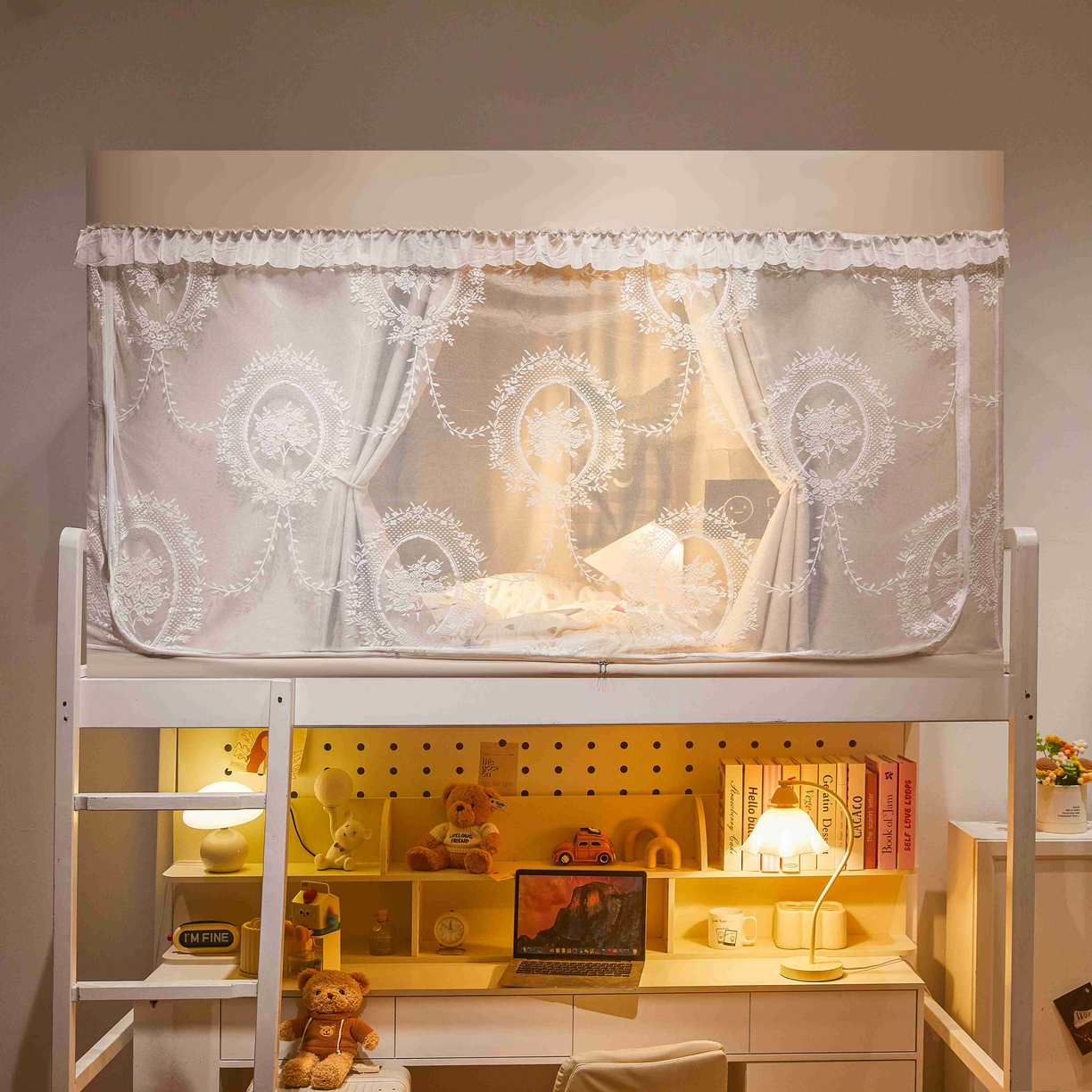 91家纺网 家纺一手货源 找家纺 卓尔居 2025新款学生遮光唯美蕾丝床帘-朝颜 朝颜-米