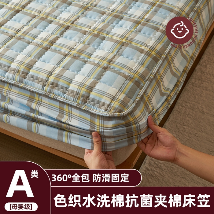 小萌虎2025新款无印风格水洗棉麻夹棉床笠 简格-简兮蓝