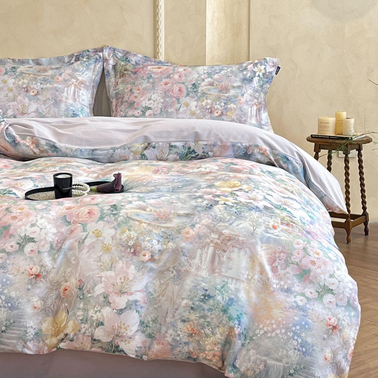 91家纺网 家纺一手货源 找家纺 禾时 2025新款全棉超柔数码印花磨毛四件套（32x21磨毛） 春水初生（紫）