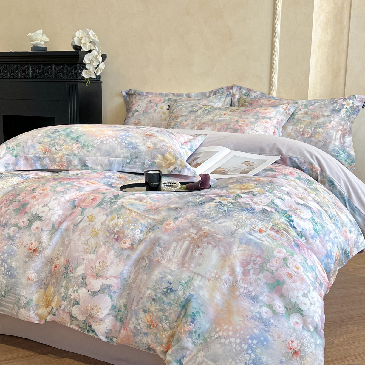 91家纺网 家纺一手货源 找家纺 禾时 2025新款全棉超柔数码印花磨毛四件套（32x21磨毛） 春水初生（紫）