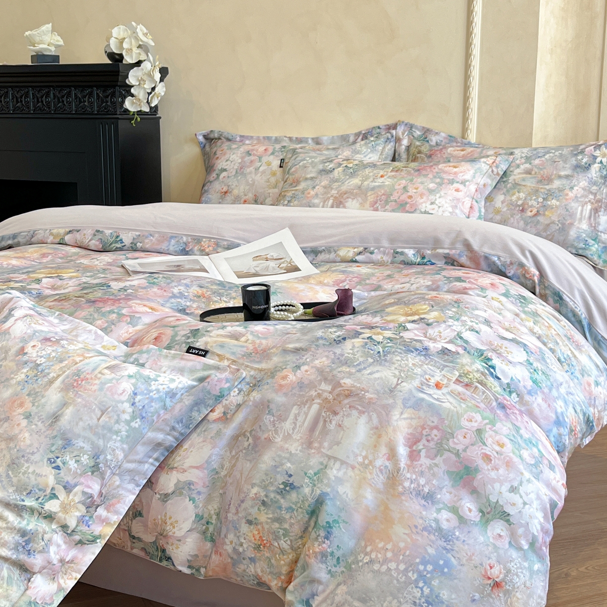 91家纺网 家纺一手货源 找家纺 禾时 2025新款全棉超柔数码印花磨毛四件套（32x21磨毛） 春水初生（紫）