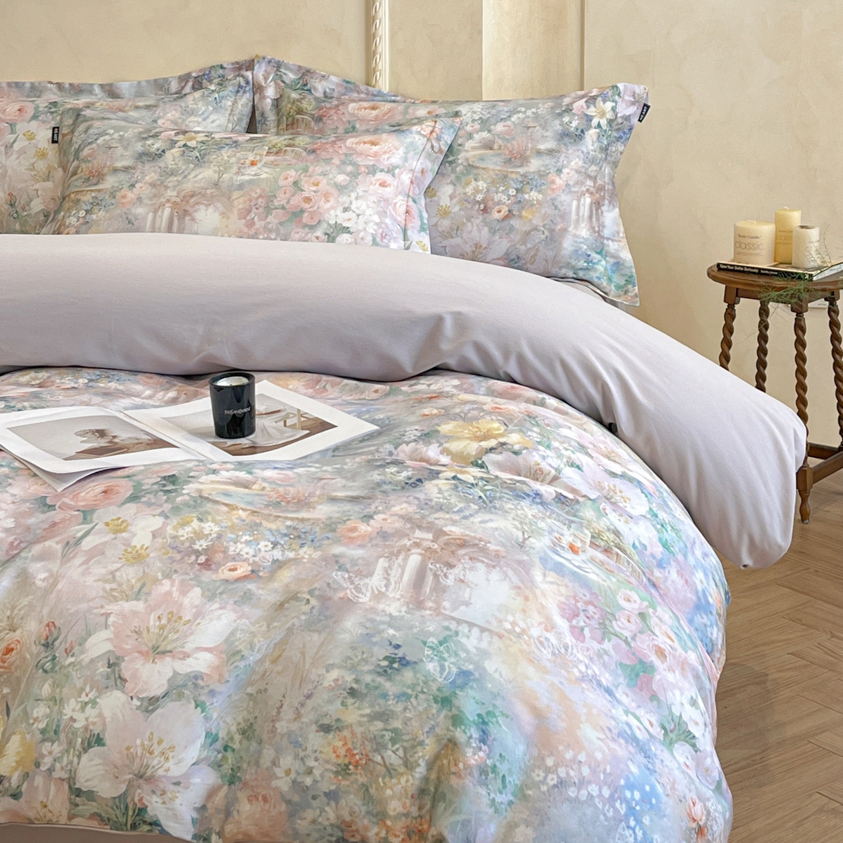 91家纺网 家纺一手货源 找家纺 禾时 2025新款全棉超柔数码印花磨毛四件套（32x21磨毛） 春水初生（紫）