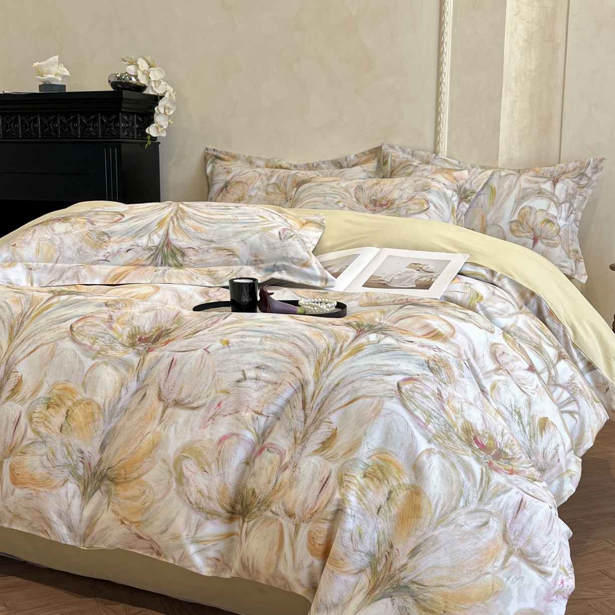 91家纺网 家纺一手货源 找家纺 禾时 2025新款全棉超柔数码印花磨毛四件套（32x21磨毛） 豆蔻年华（黄）