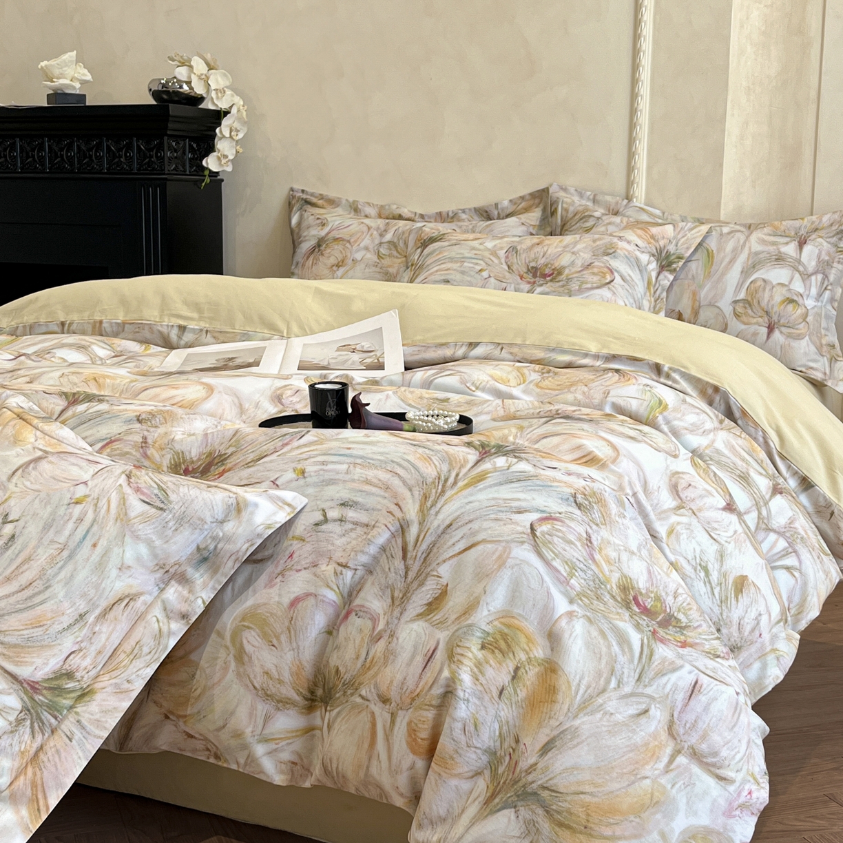 91家纺网 家纺一手货源 找家纺 禾时 2025新款全棉超柔数码印花磨毛四件套（32x21磨毛） 豆蔻年华（黄）