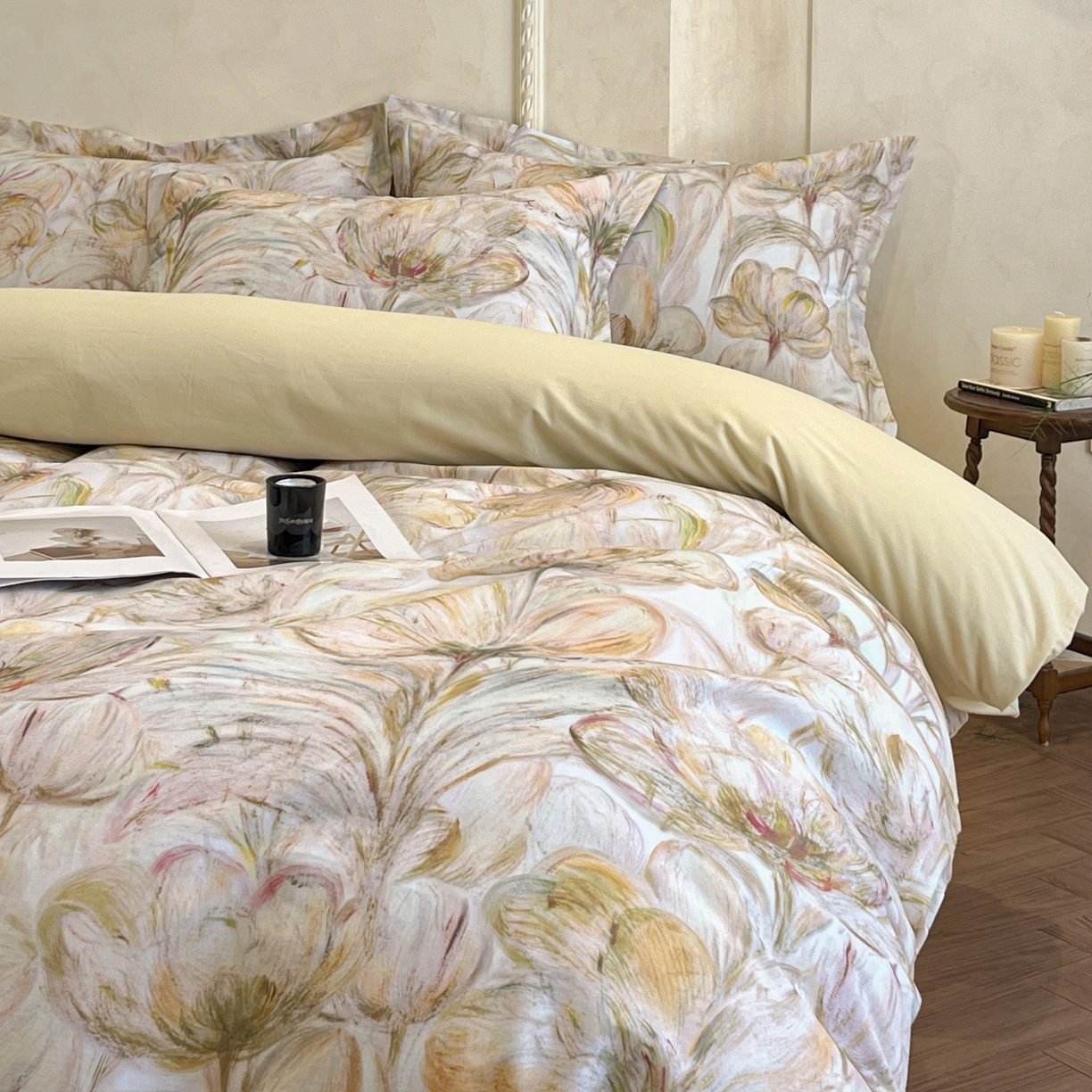 91家纺网 家纺一手货源 找家纺 禾时 2025新款全棉超柔数码印花磨毛四件套（32x21磨毛） 豆蔻年华（黄）