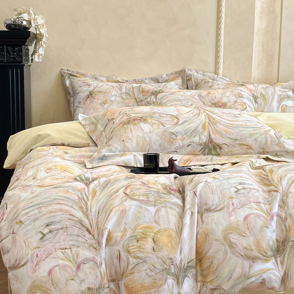 91家纺网 家纺一手货源 找家纺 禾时 2025新款全棉超柔数码印花磨毛四件套（32x21磨毛） 豆蔻年华（黄）