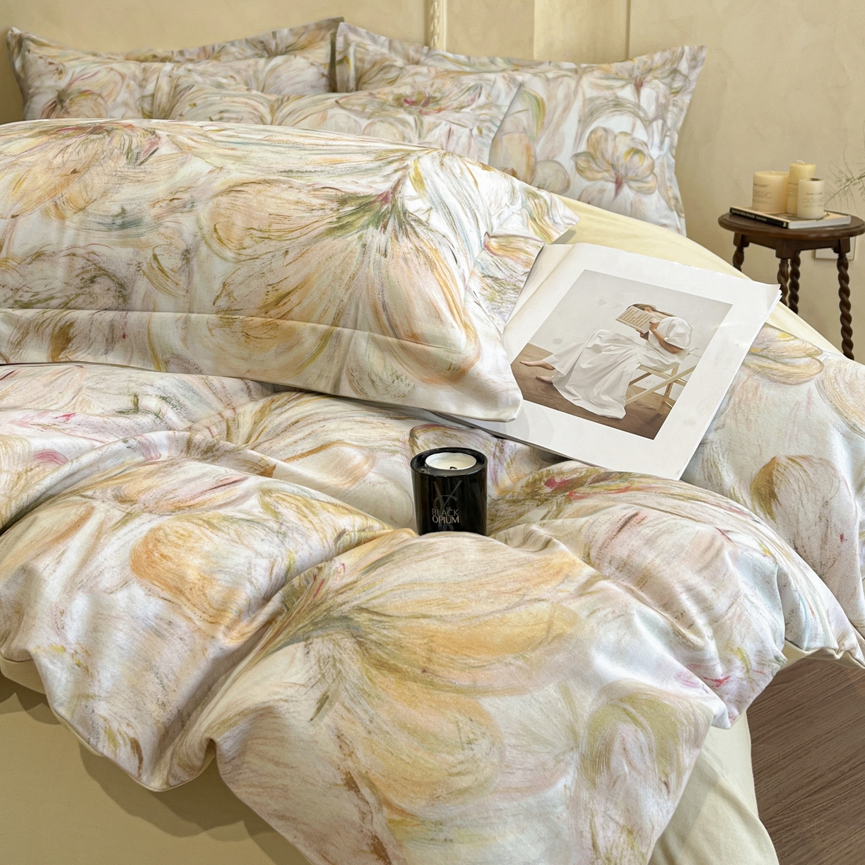 91家纺网 家纺一手货源 找家纺 禾时 2025新款全棉超柔数码印花磨毛四件套（32x21磨毛） 豆蔻年华（黄）