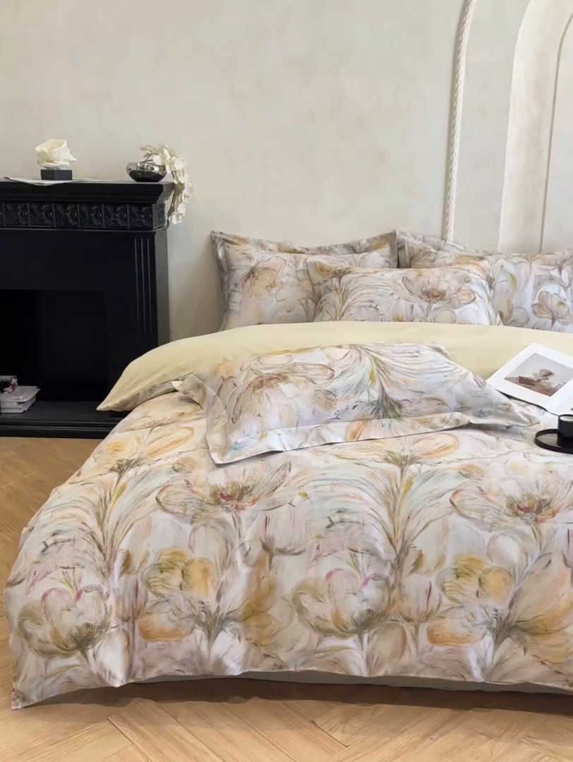 91家纺网 家纺一手货源 找家纺 禾时 2025新款全棉超柔数码印花磨毛四件套（32x21磨毛） 豆蔻年华（黄）