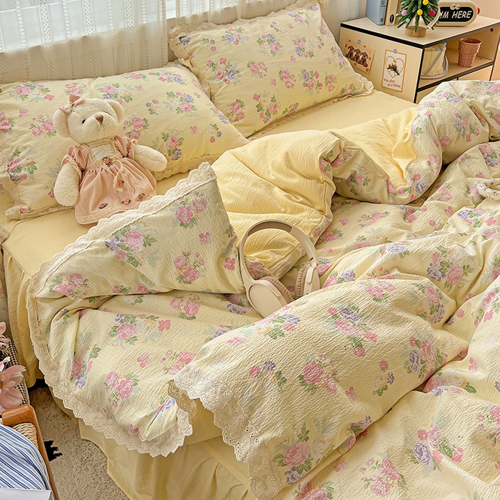 91家纺网 家纺一手货源 找家纺 （总）富米莱（原臻工厂） 2025新款全棉蝴蝶花边热销款韩式云感亲肤棉床盖床裙四件套