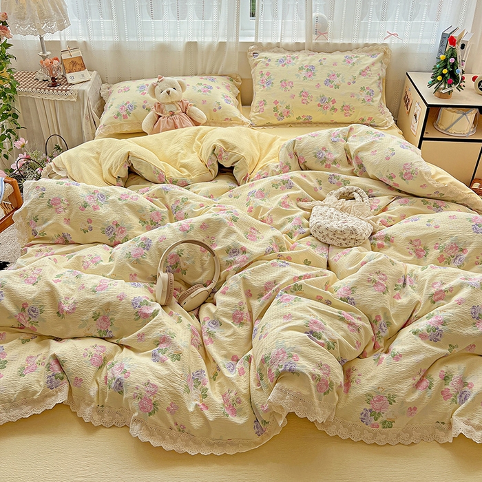 91家纺网 家纺一手货源 找家纺 （总）富米莱（原臻工厂） 2025新款全棉蝴蝶花边热销款韩式云感亲肤棉床盖床裙四件套