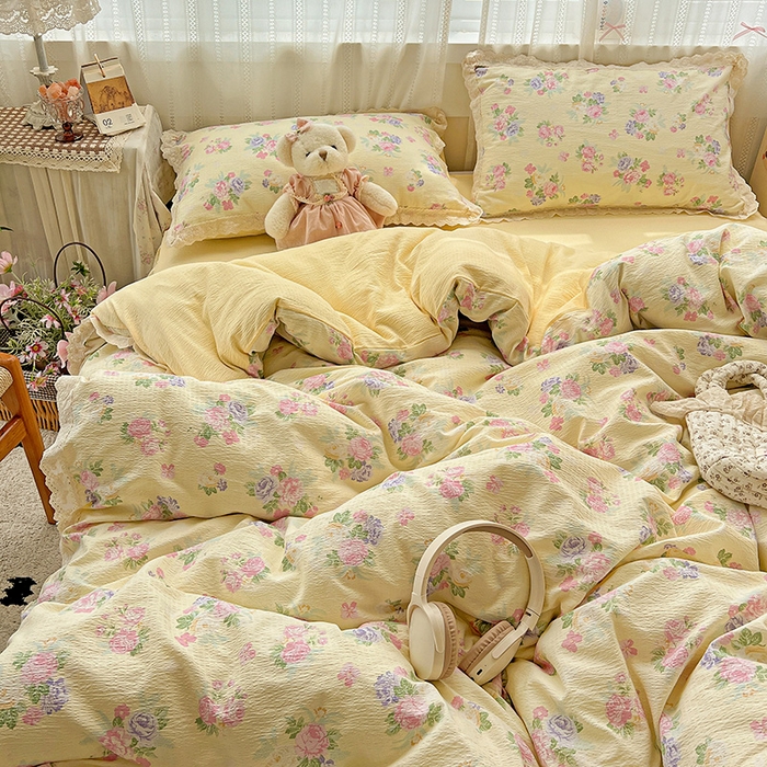 91家纺网 家纺一手货源 找家纺 （总）富米莱（原臻工厂） 2025新款全棉蝴蝶花边热销款韩式云感亲肤棉床盖床裙四件套