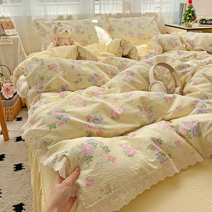 91家纺网 家纺一手货源 找家纺 （总）富米莱（原臻工厂） 2025新款全棉蝴蝶花边热销款韩式云感亲肤棉床盖床裙四件套