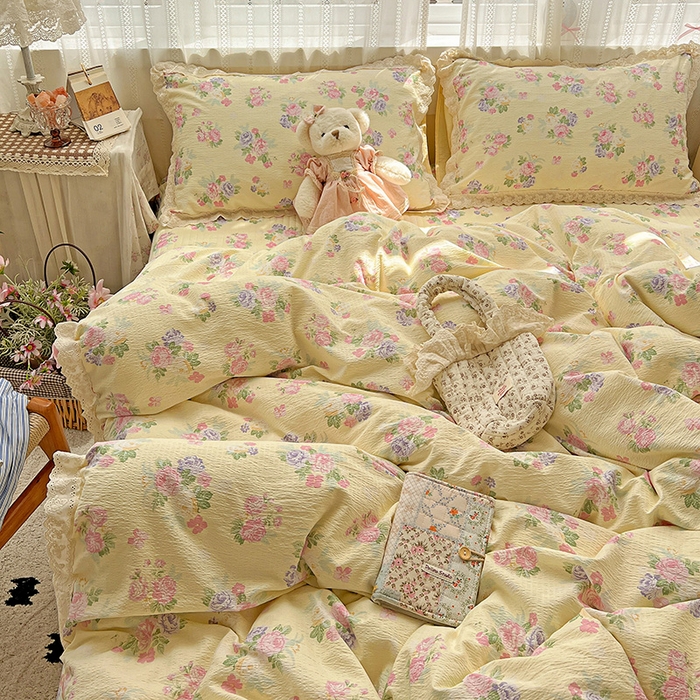 91家纺网 家纺一手货源 找家纺 （总）富米莱（原臻工厂） 2025新款全棉蝴蝶花边热销款韩式云感亲肤棉床盖床裙四件套