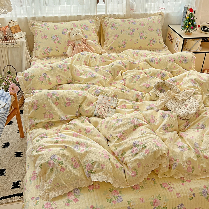 91家纺网 家纺一手货源 找家纺 （总）富米莱（原臻工厂） 2025新款全棉蝴蝶花边热销款韩式云感亲肤棉床盖床裙四件套