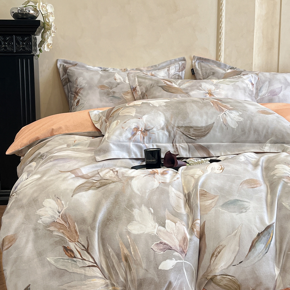 91家纺网 家纺一手货源 找家纺 禾时 2025新款全棉超柔数码印花磨毛四件套（32x21磨毛） 花期（咖）