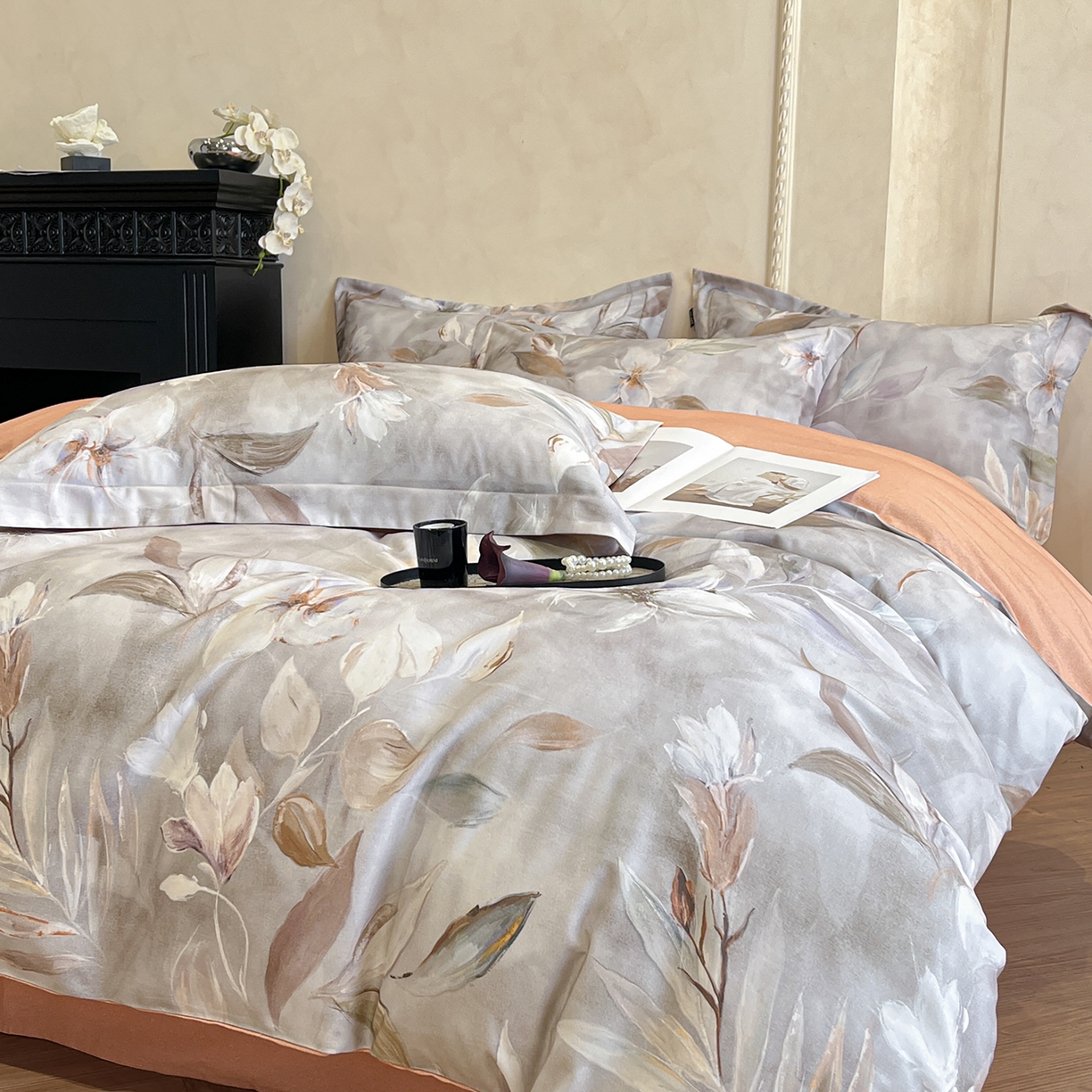 91家纺网 家纺一手货源 找家纺 禾时 2025新款全棉超柔数码印花磨毛四件套（32x21磨毛） 花期（咖）