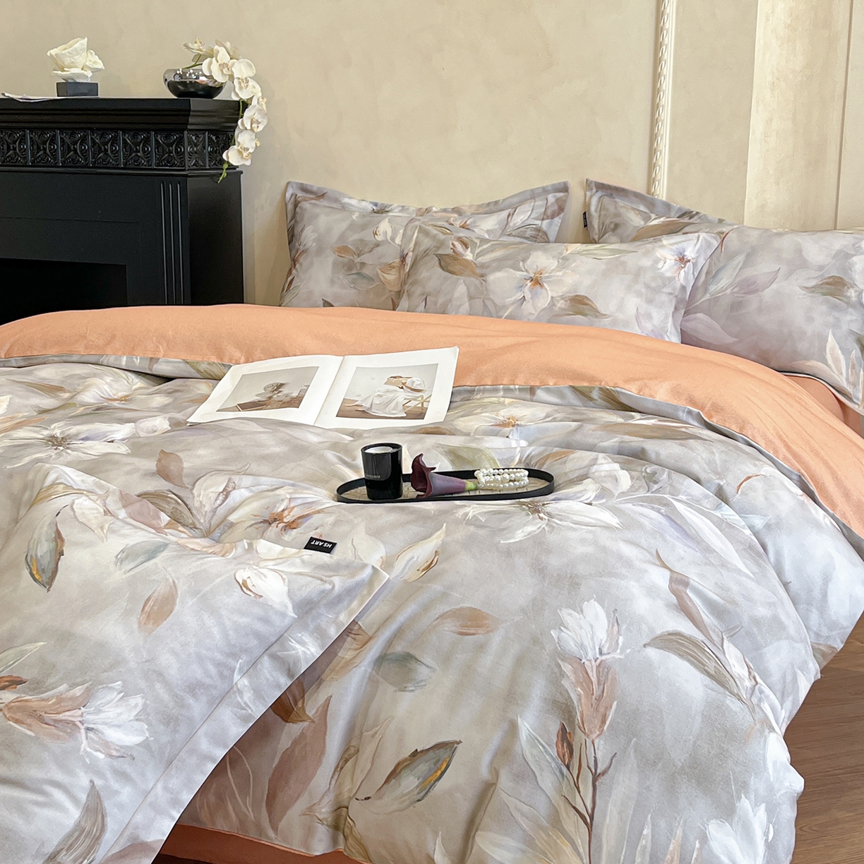 91家纺网 家纺一手货源 找家纺 禾时 2025新款全棉超柔数码印花磨毛四件套（32x21磨毛） 花期（咖）